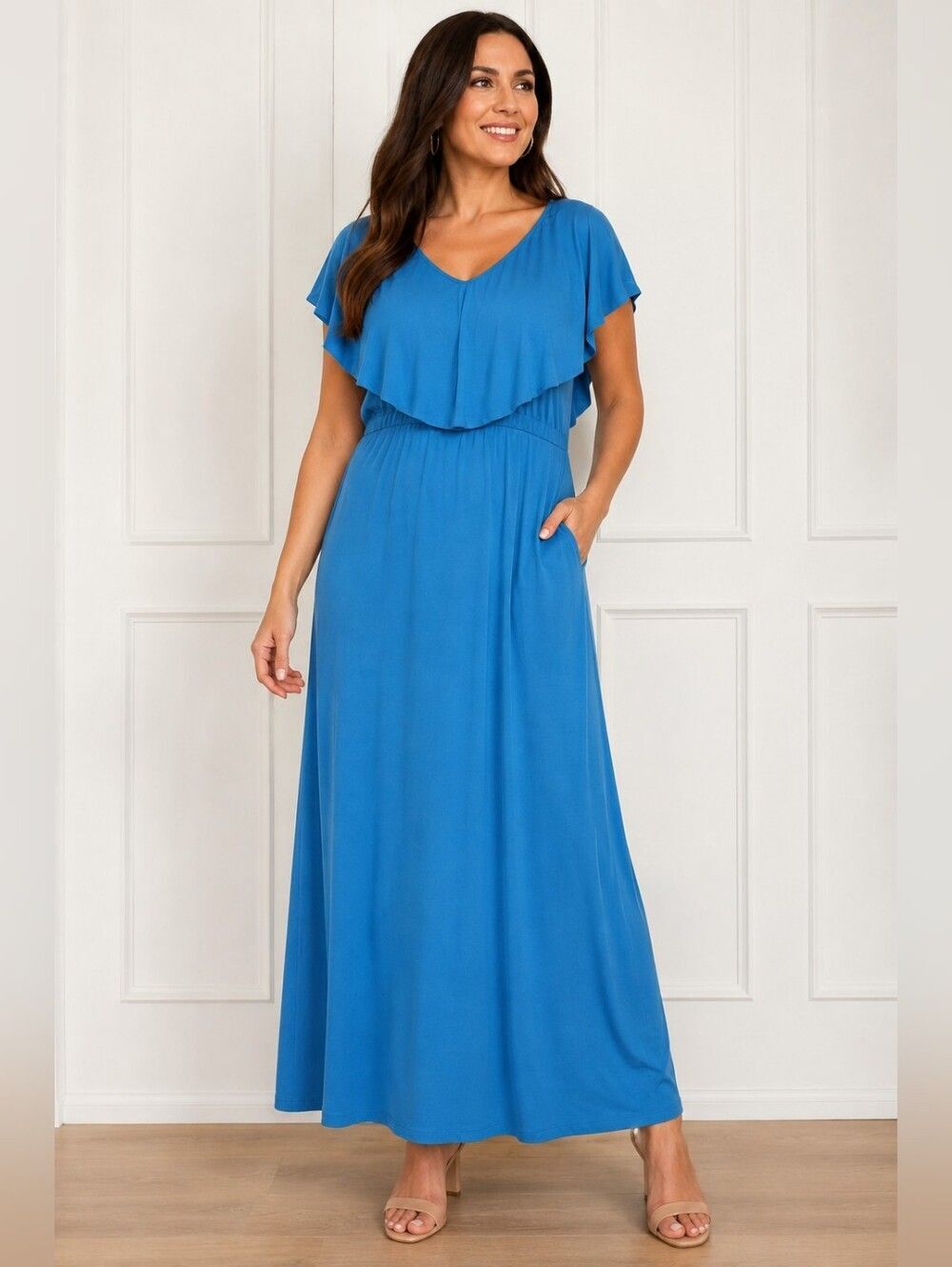 Jessica London Women Off-Shoulder long knit Ruffle Maxi back zip flowy Dress 18W